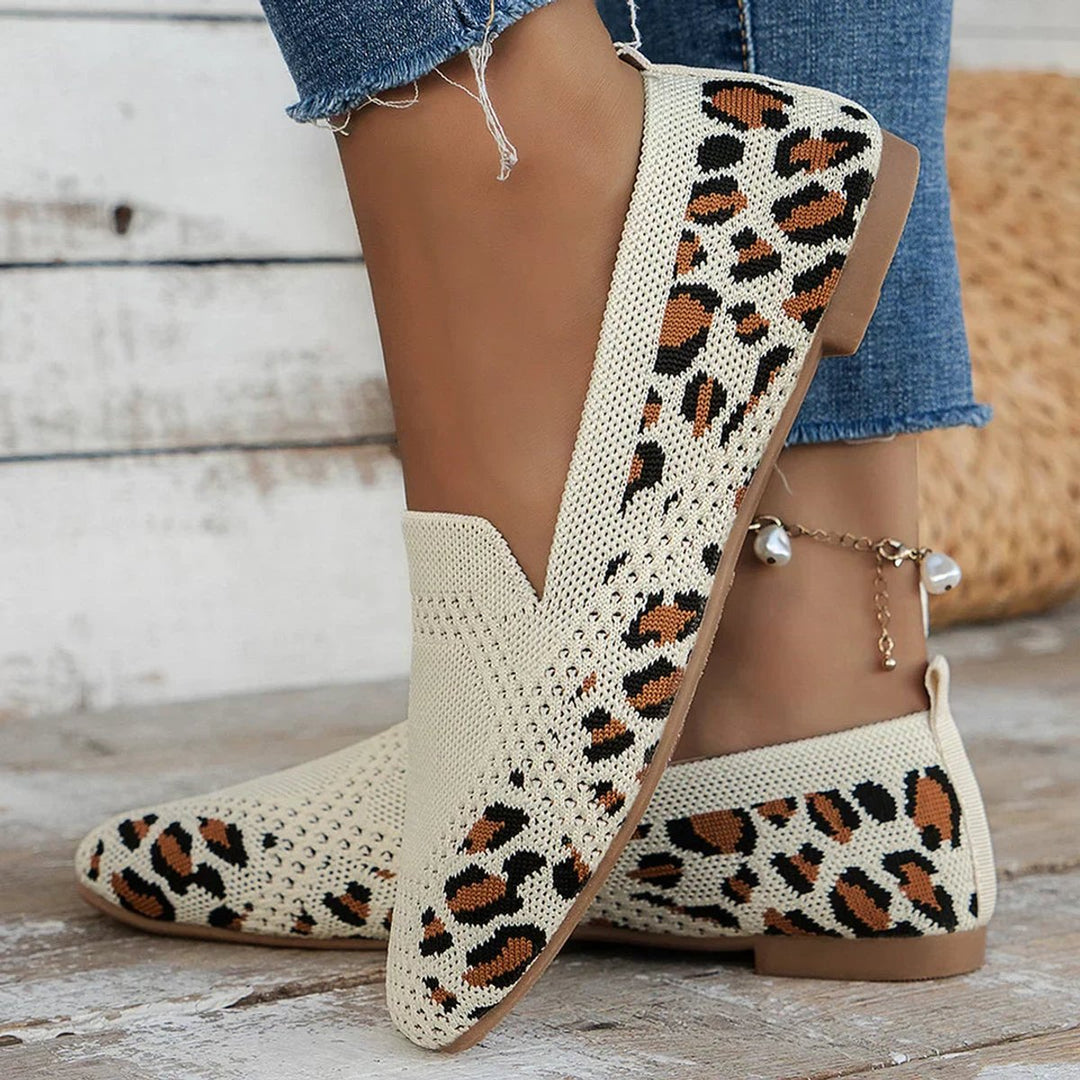 Women's Breathable Knit Slip-On Square-Toe Flat Loafers - Leopard