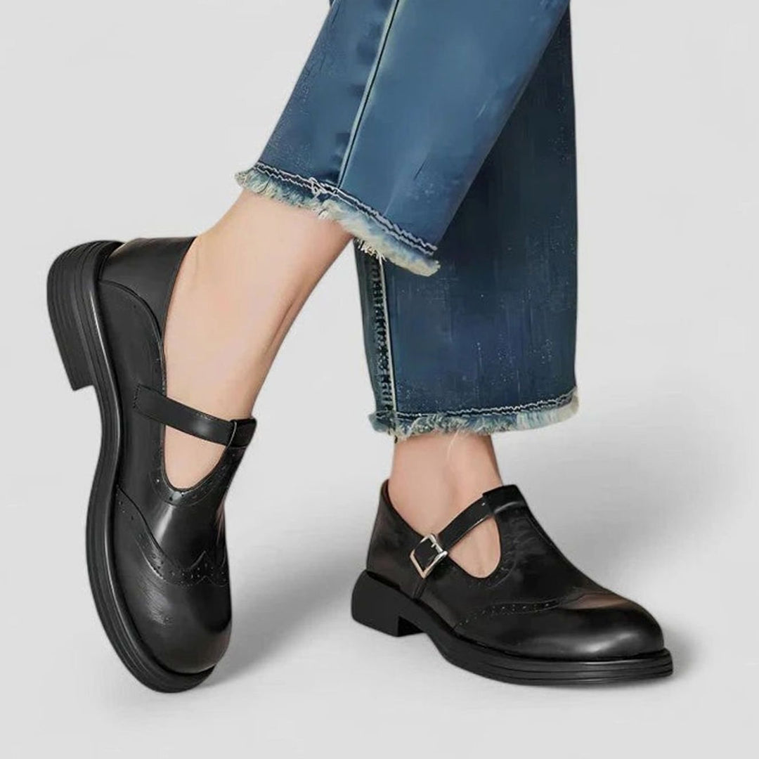 Women's Brogue Leather T-Strap Classic Boots - Black