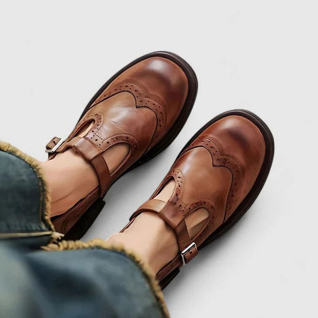 Women's Brogue Leather T-Strap Classic Boots - Brown