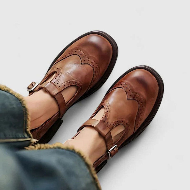 Women's Brogue Leather T-Strap Classic Boots - Brown