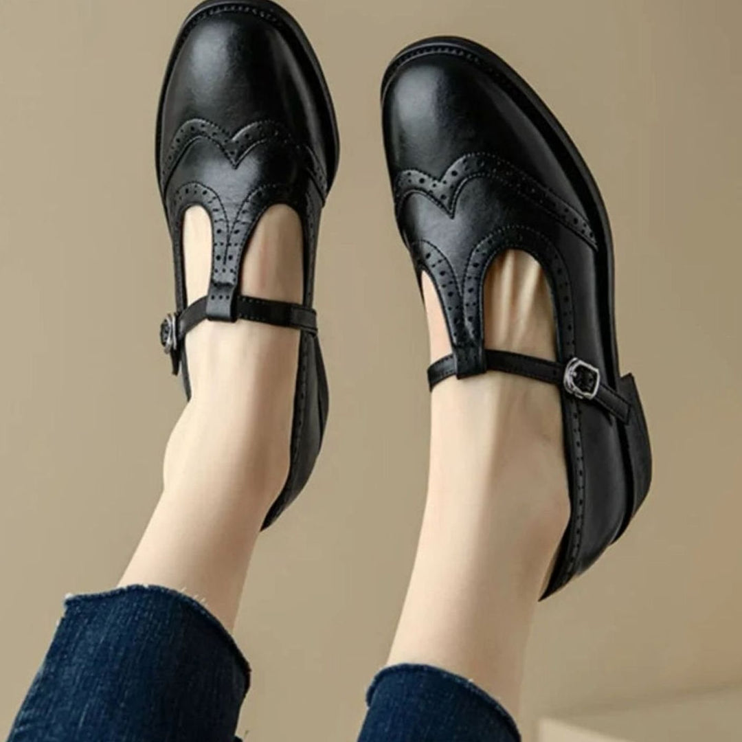 Women's Brogue T-Strap Buckle Mary Jane Shoes Low Block Heel - Black
