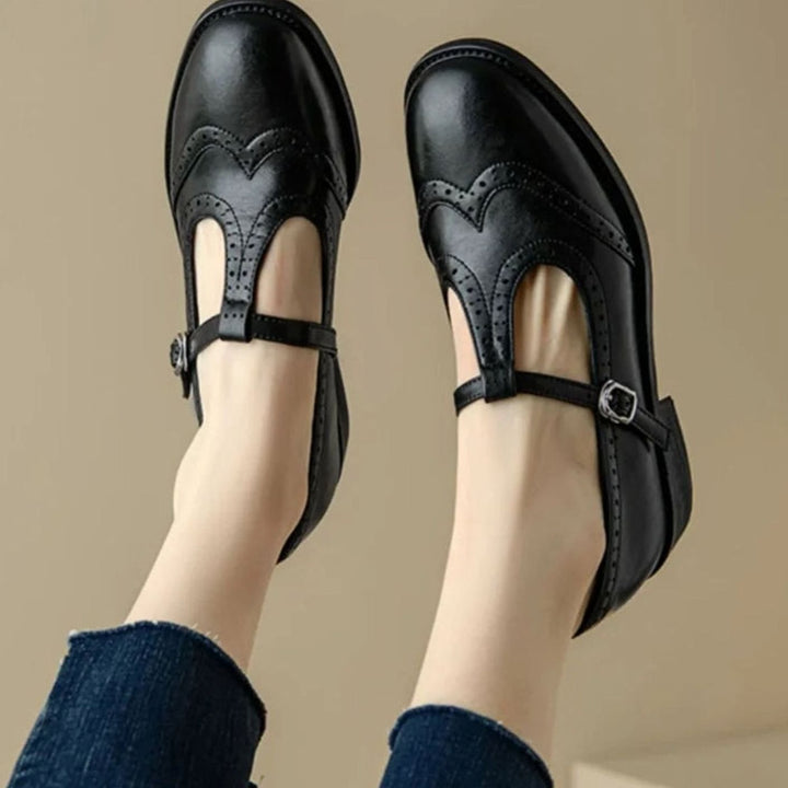 Women's Brogue T-Strap Buckle Mary Jane Shoes Low Block Heel - Black