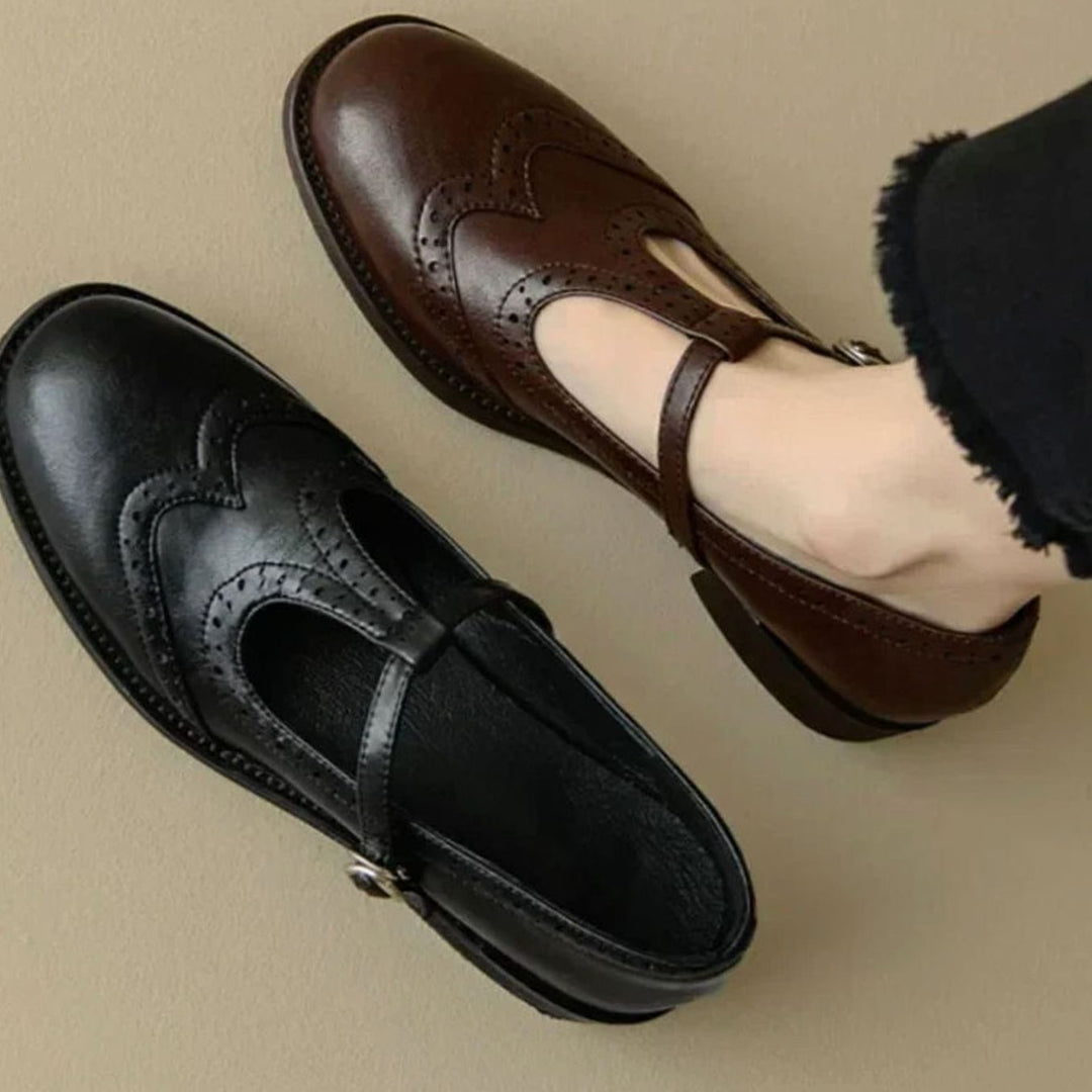 Women's Brogue T-Strap Buckle Mary Jane Shoes Low Block Heel