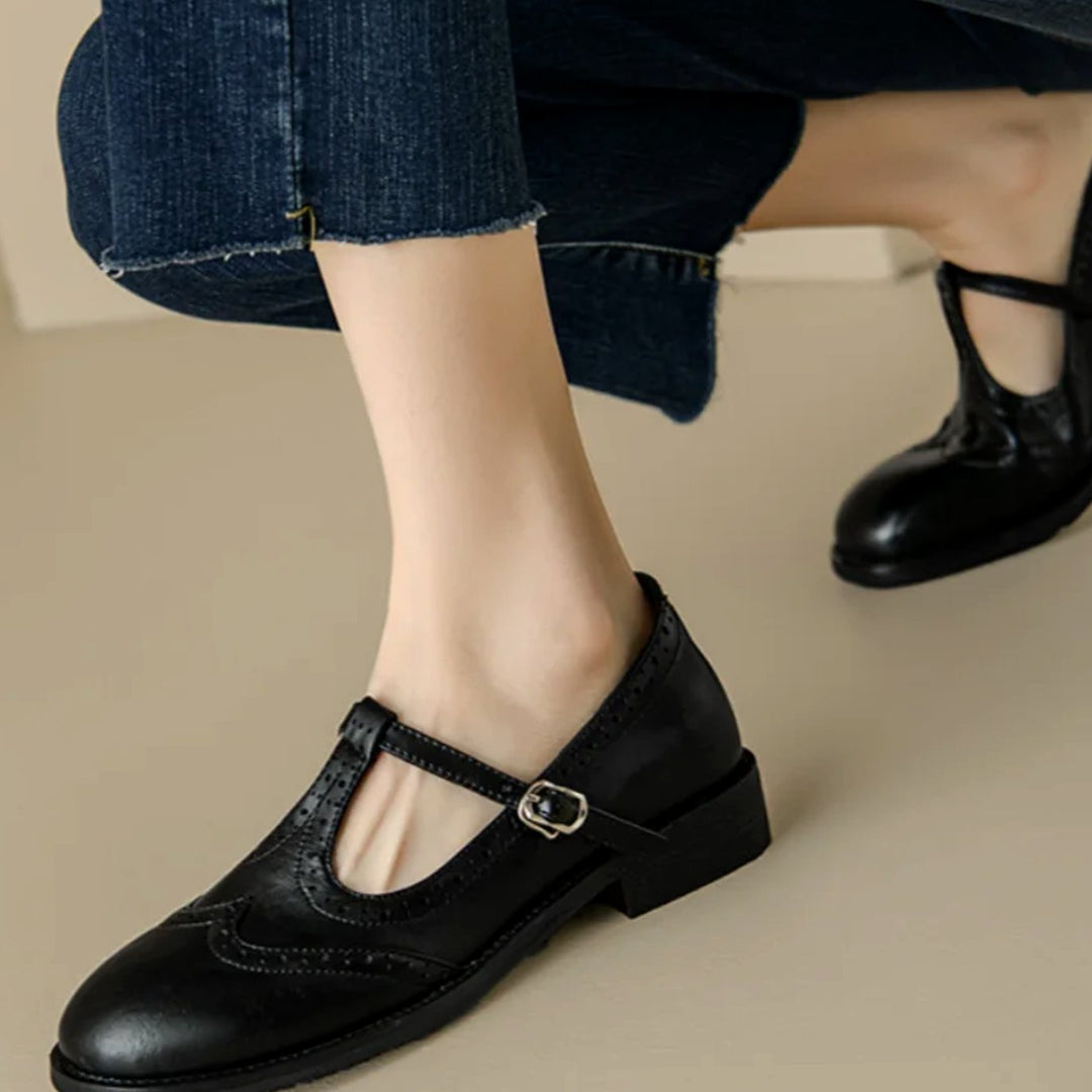 Women's Brogue T-Strap Buckle Mary Jane Shoes Low Block Heel