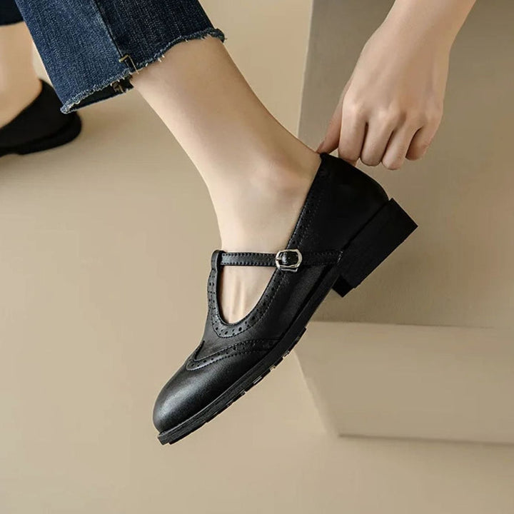 Women's Brogue T-Strap Buckle Mary Jane Shoes Low Block Heel