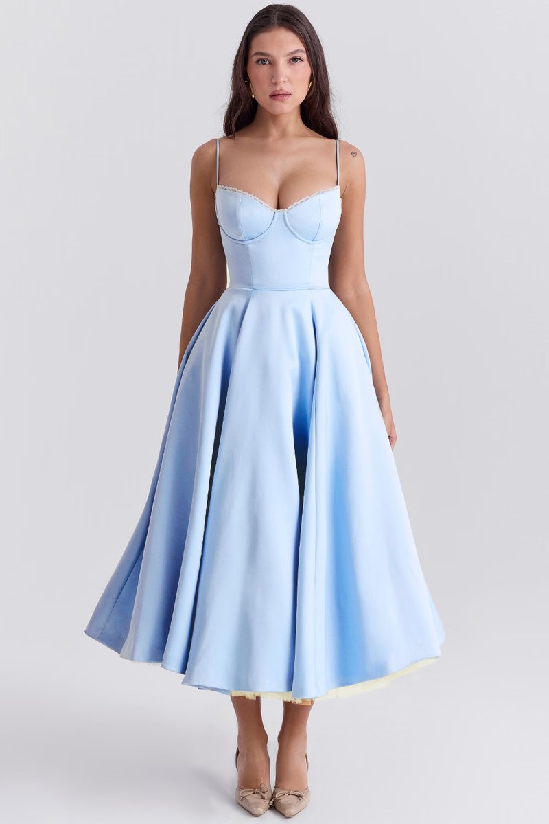 Women's Bustier Midi Satin Flared Cocktail Party Dress - Blue