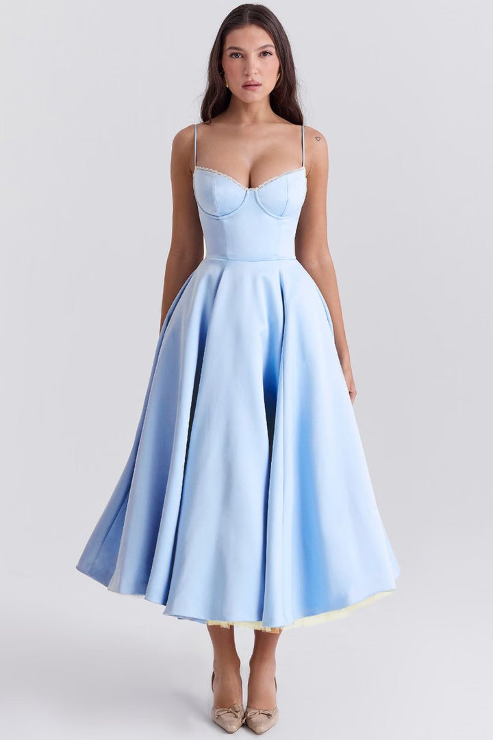 Women's Bustier Midi Satin Flared Cocktail Party Dress - Blue