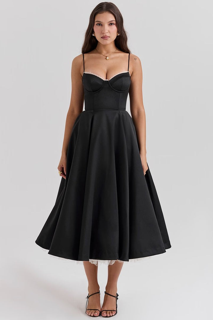Women's Bustier Midi Satin Flared Cocktail Party Dress - Black