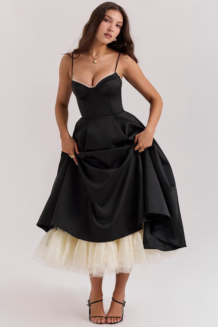 Women's Bustier Midi Satin Flared Cocktail Party Dress