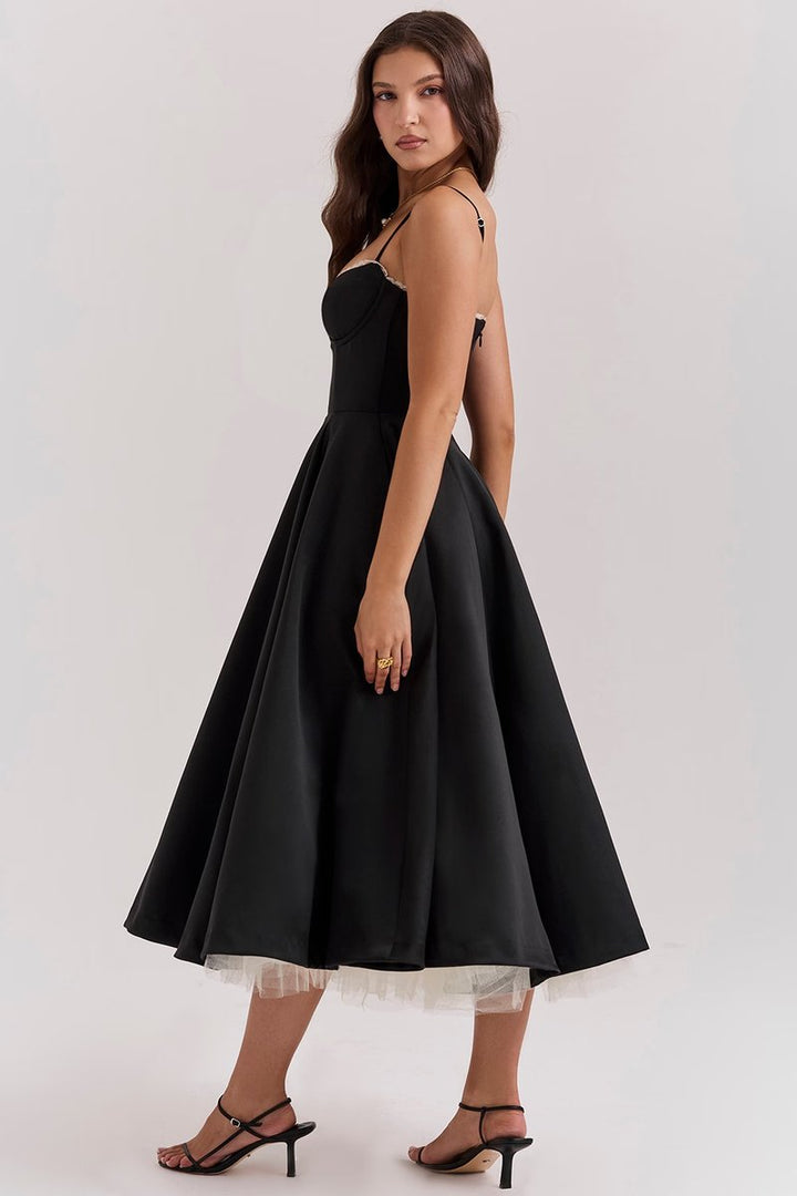 Women's Bustier Midi Satin Flared Cocktail Party Dress