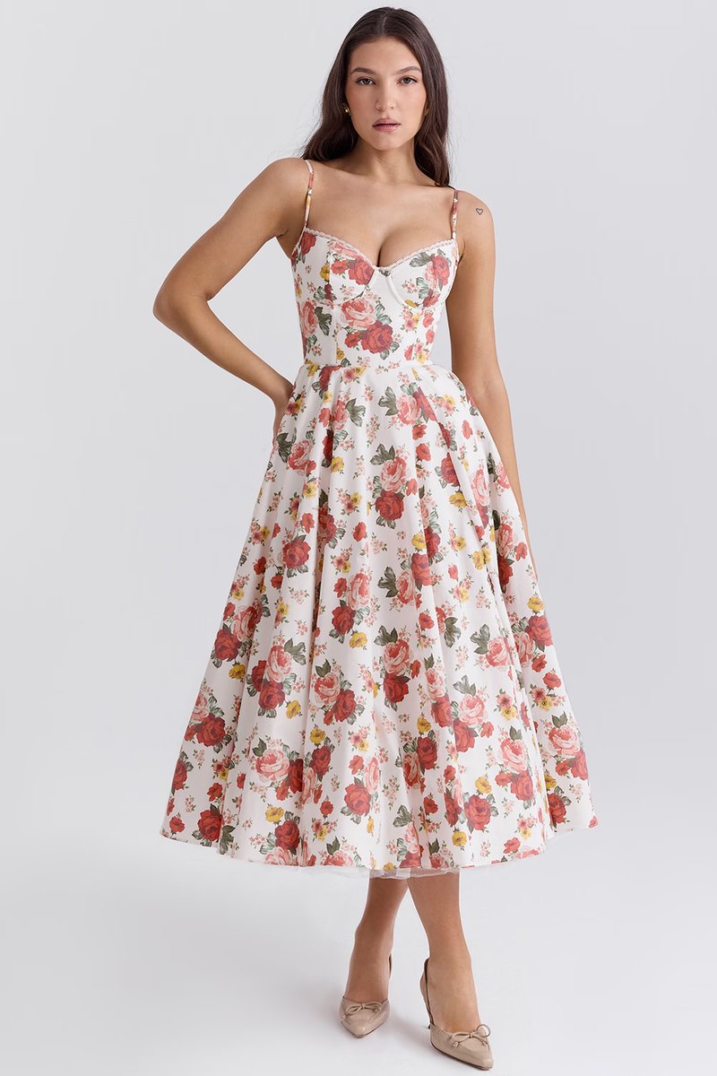 Women's Bustier Midi Satin Flared Cocktail Party Dress - Floral