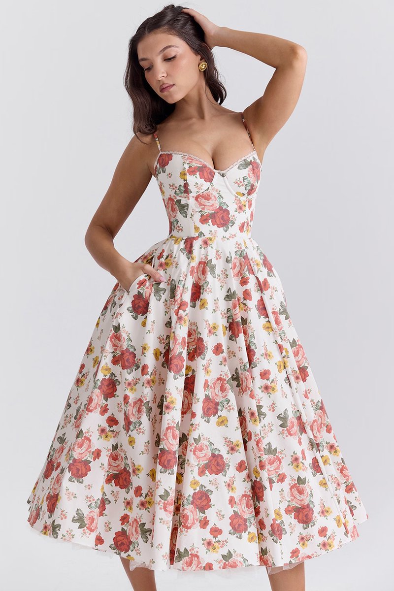 Women's Bustier Midi Satin Flared Cocktail Party Dress