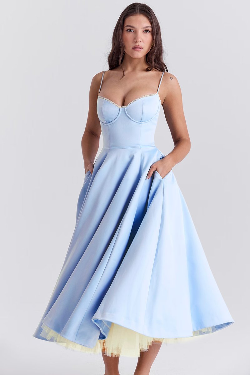 Women's Bustier Midi Satin Flared Cocktail Party Dress