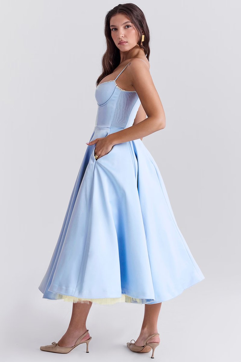 Women's Bustier Midi Satin Flared Cocktail Party Dress