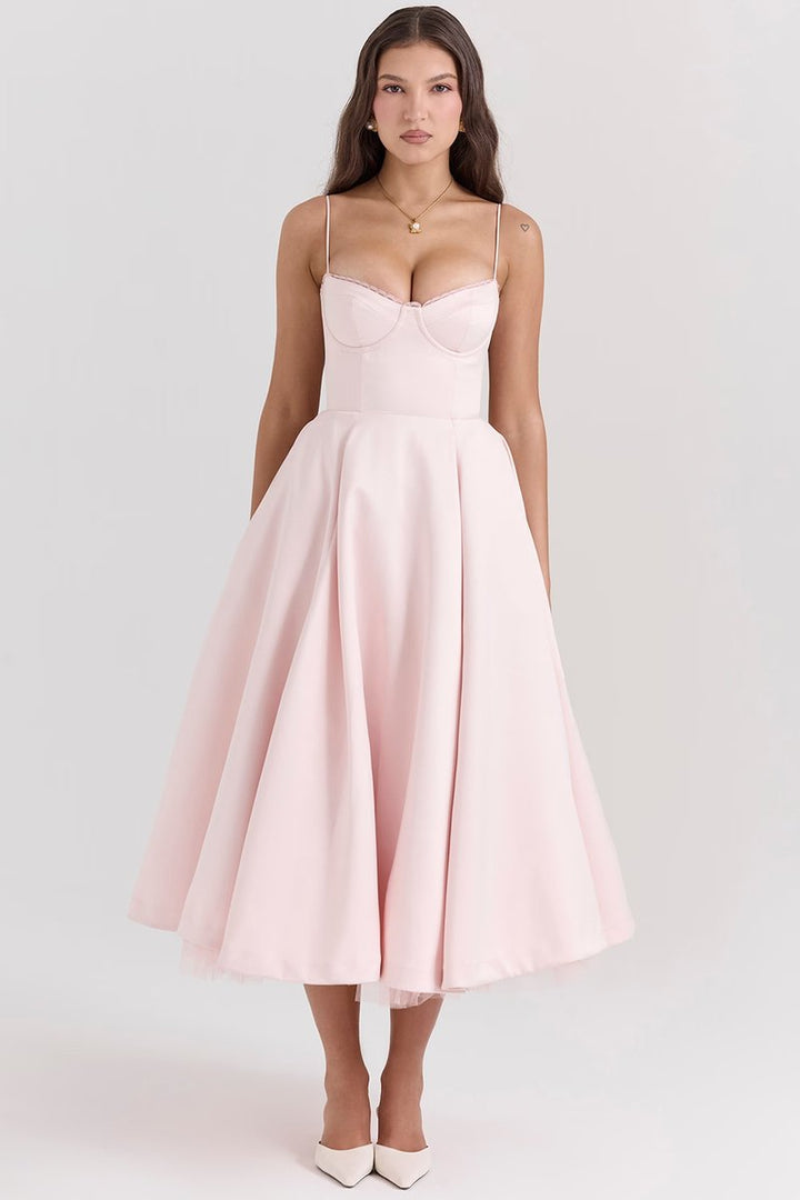 Women's Bustier Midi Satin Flared Cocktail Party Dress - Pink