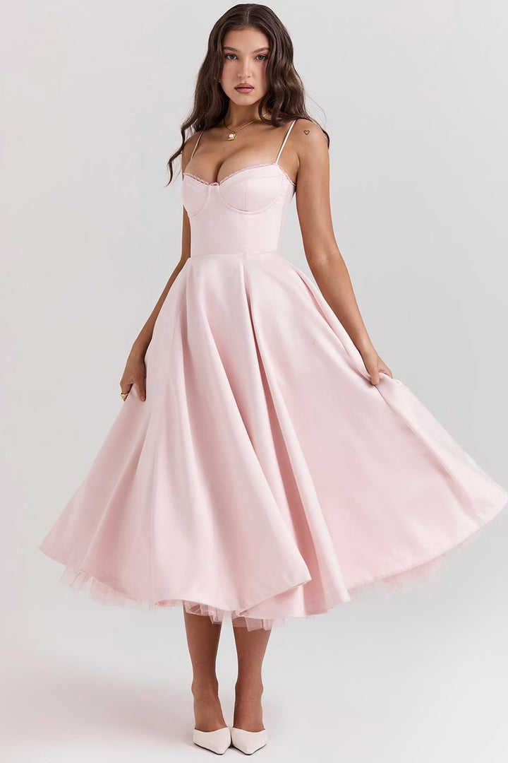 Women's Bustier Midi Satin Flared Cocktail Party Dress