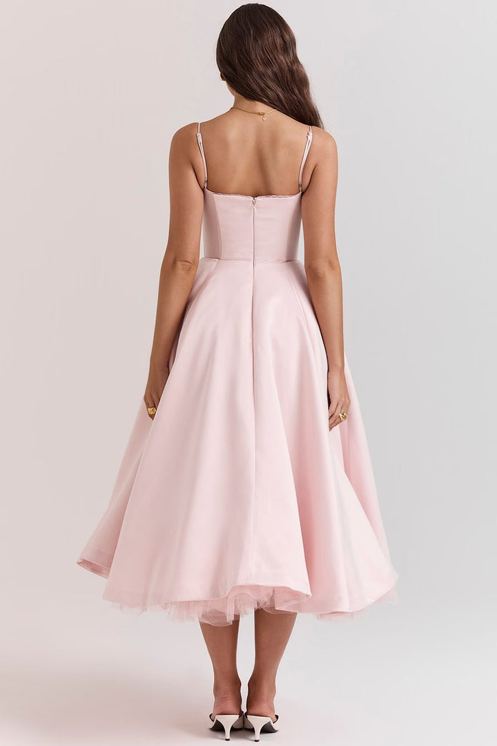 Women's Bustier Midi Satin Flared Cocktail Party Dress