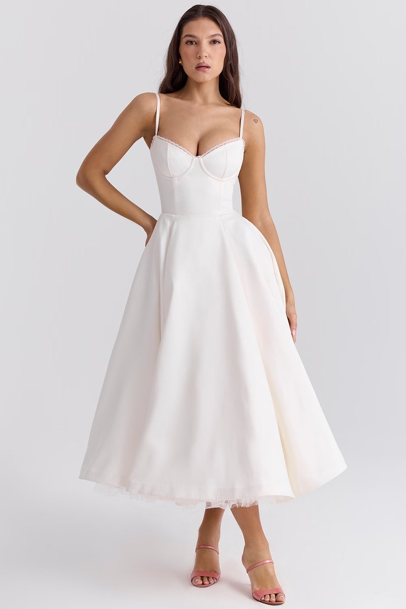 Women's Bustier Midi Satin Flared Cocktail Party Dress - White