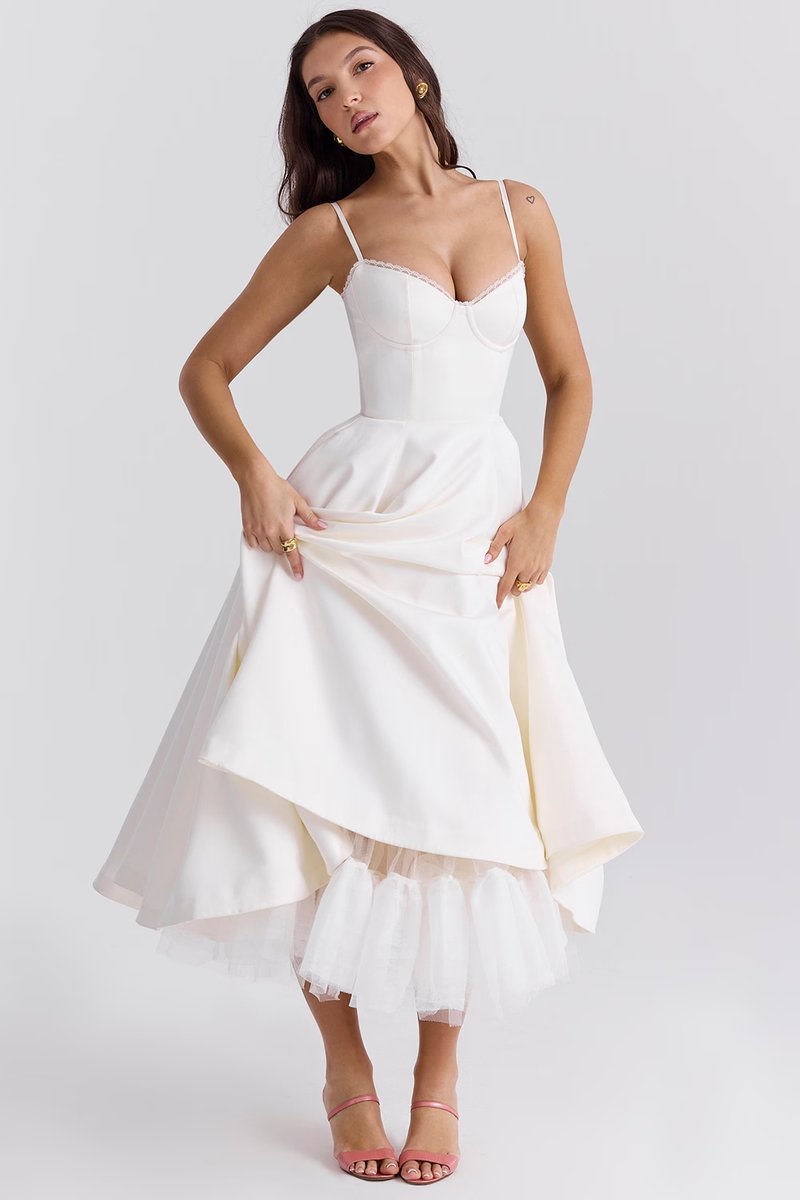 Women's Bustier Midi Satin Flared Cocktail Party Dress