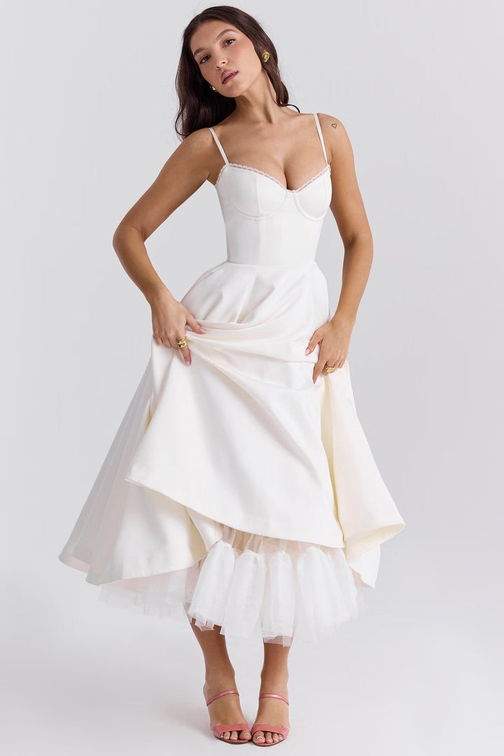 Women's Bustier Midi Satin Flared Cocktail Party Dress