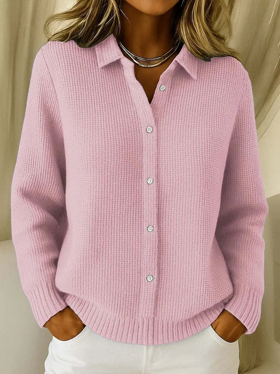 Women's Button-Front Ribbed Knit Collared Cardigan Sweater - Pink