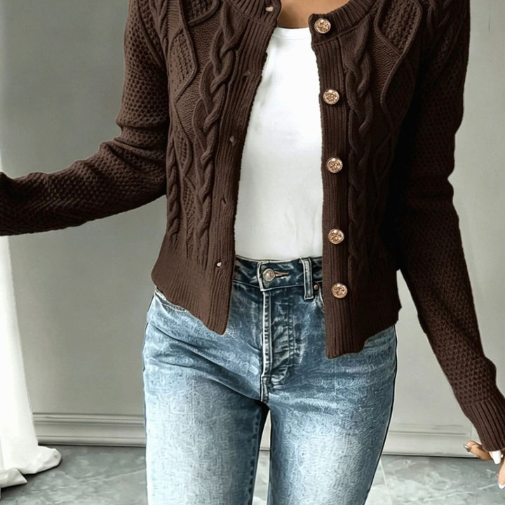 Women's Cable-Knit Button-Front Cropped Cardigan - Coffee Brown