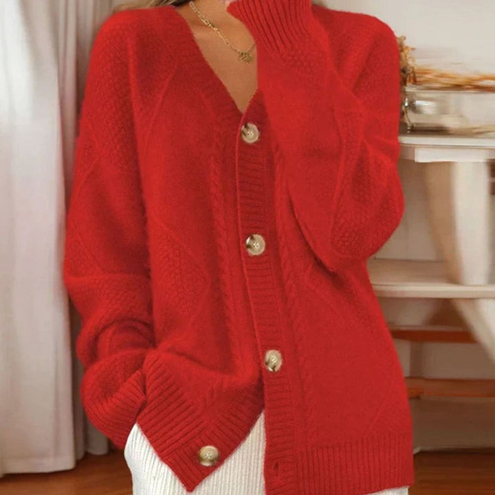 Women's Cable Knit Button-Front Long Sleeve Cardigan - Red