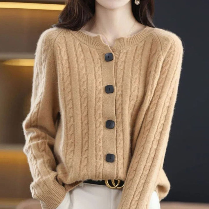 Women's Cable-Knit Button-Up Relaxed Fit Winter Cardigan - Camel