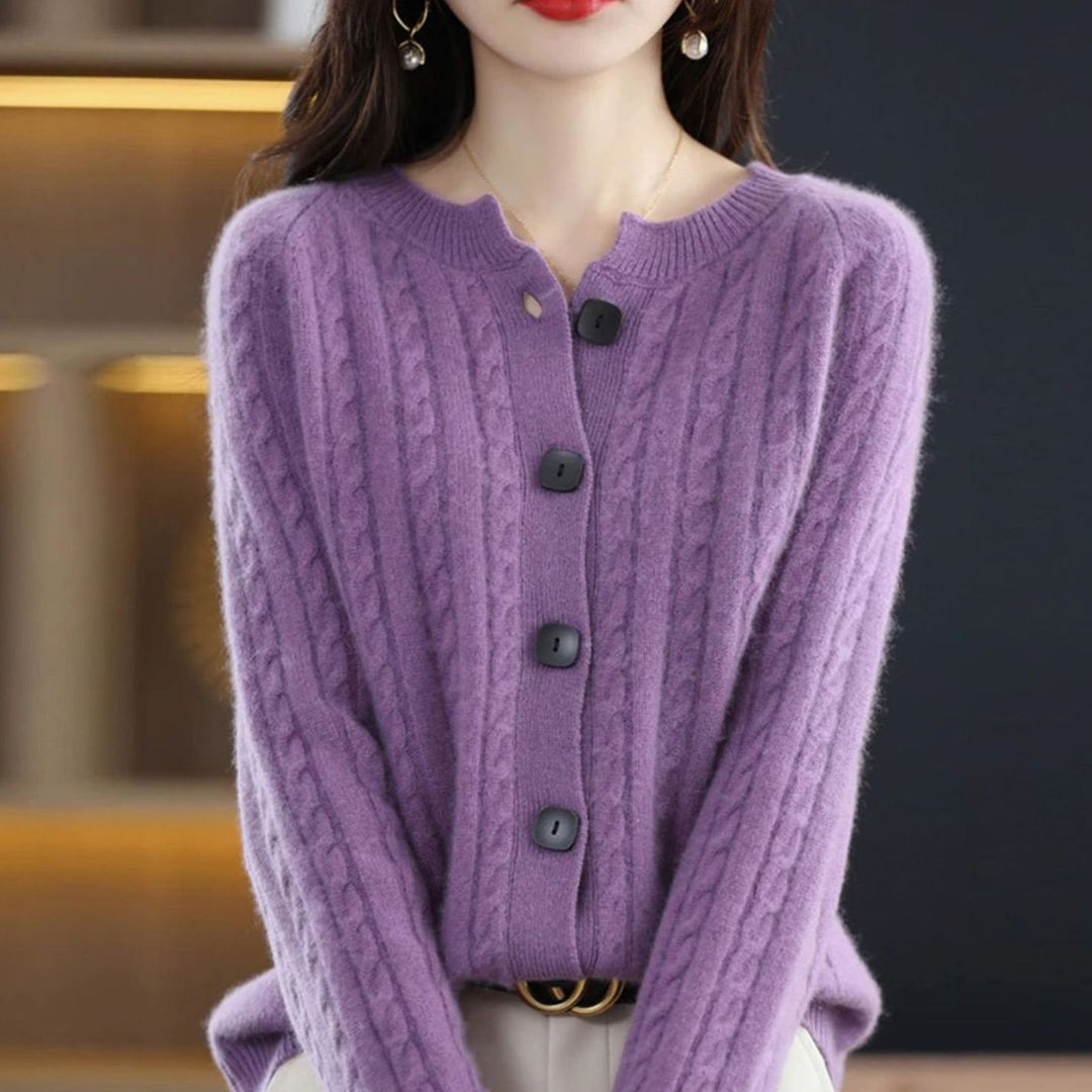 Women's Cable-Knit Button-Up Relaxed Fit Winter Cardigan - Purple