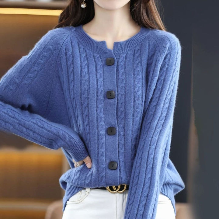 Women's Cable-Knit Button-Up Relaxed Fit Winter Cardigan - Blue