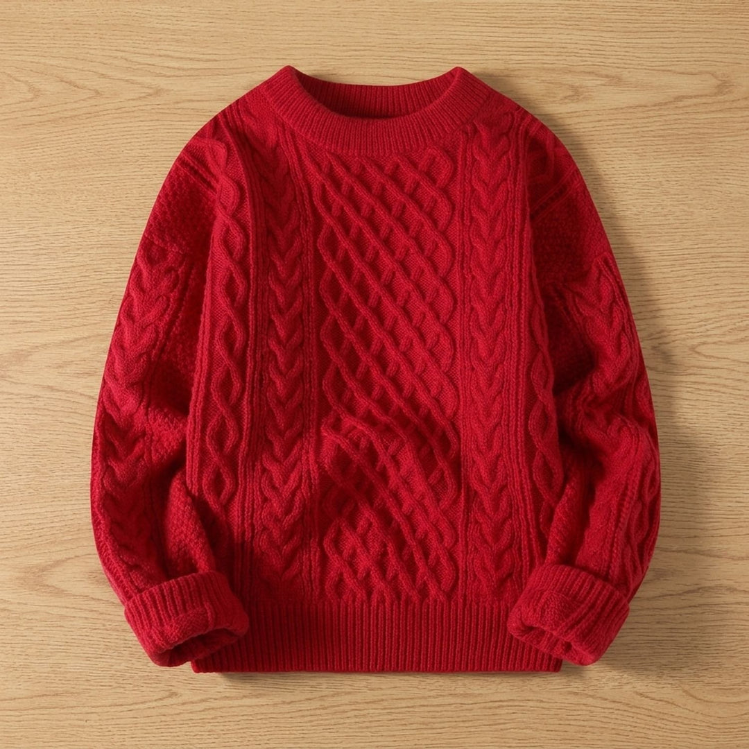 Women's Cable-Knit Crew Neck Ribbed-Cuff Pullover Sweater - Red