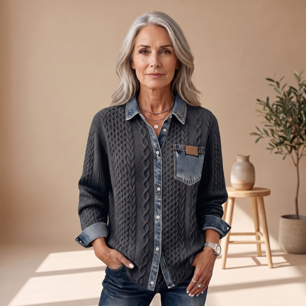 Women's Cable-Knit Denim-Trim Patchwork Button-Down Sweater - Navy Blue