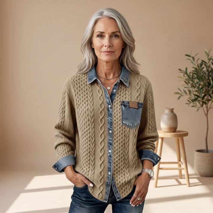 Women's Cable-Knit Denim-Trim Patchwork Button-Down Sweater - Camel