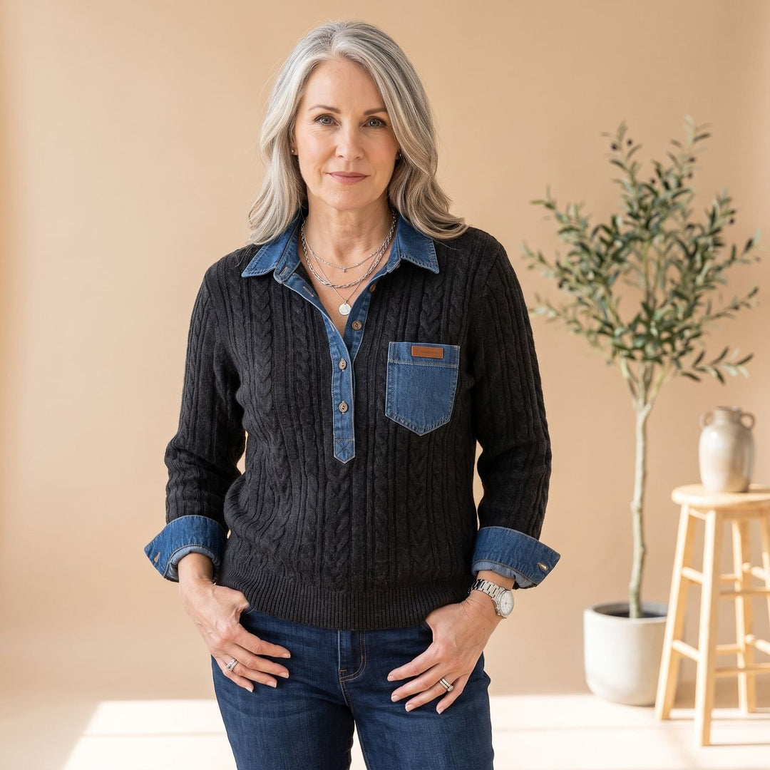 Women's Cable-Knit Denim-Trim Patchwork Button-Down Sweater - Dark Gray