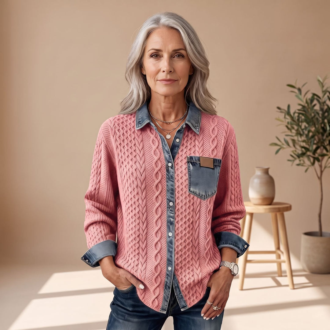 Women's Cable-Knit Denim-Trim Patchwork Button-Down Sweater - Pink