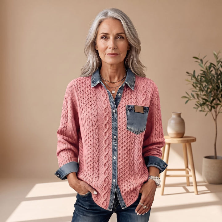 Women's Cable-Knit Denim-Trim Patchwork Button-Down Sweater - Pink
