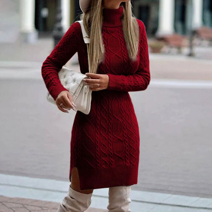 Women's Cable-Knit Long Sleeve Turtleneck Dress Side Slit - Burgundy