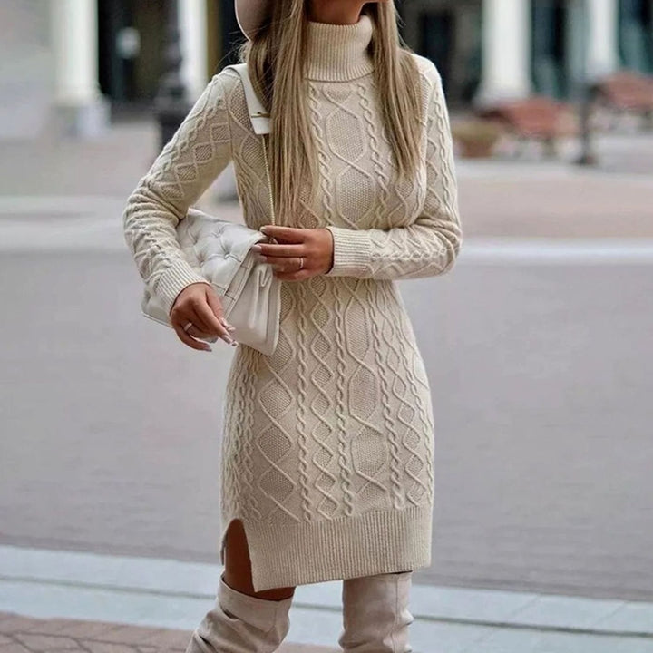 Women's Cable-Knit Long Sleeve Turtleneck Dress Side Slit - Beige