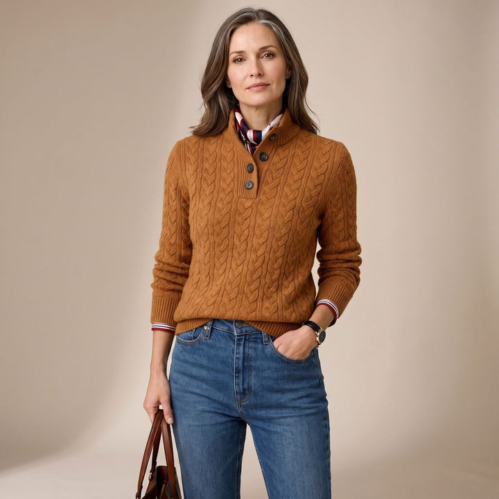 Women's Cable Knit Mock Neck Button-Placket Wool-Blend Sweater - Brown