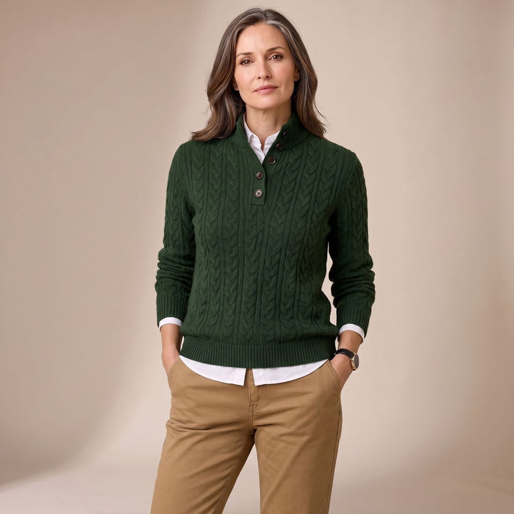 Women's Cable Knit Mock Neck Button-Placket Wool-Blend Sweater - Green