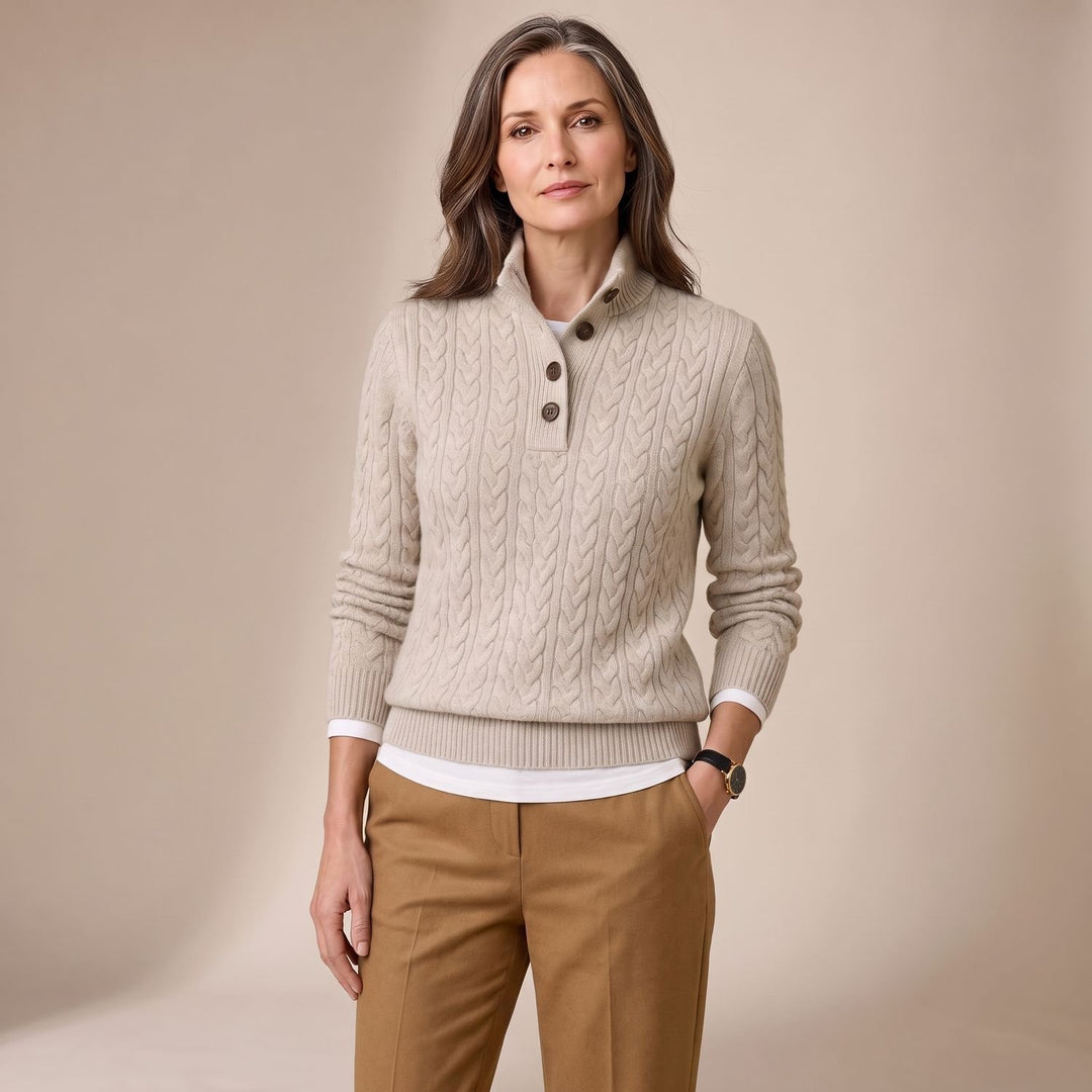 Women's Cable Knit Mock Neck Button-Placket Wool-Blend Sweater - Gray