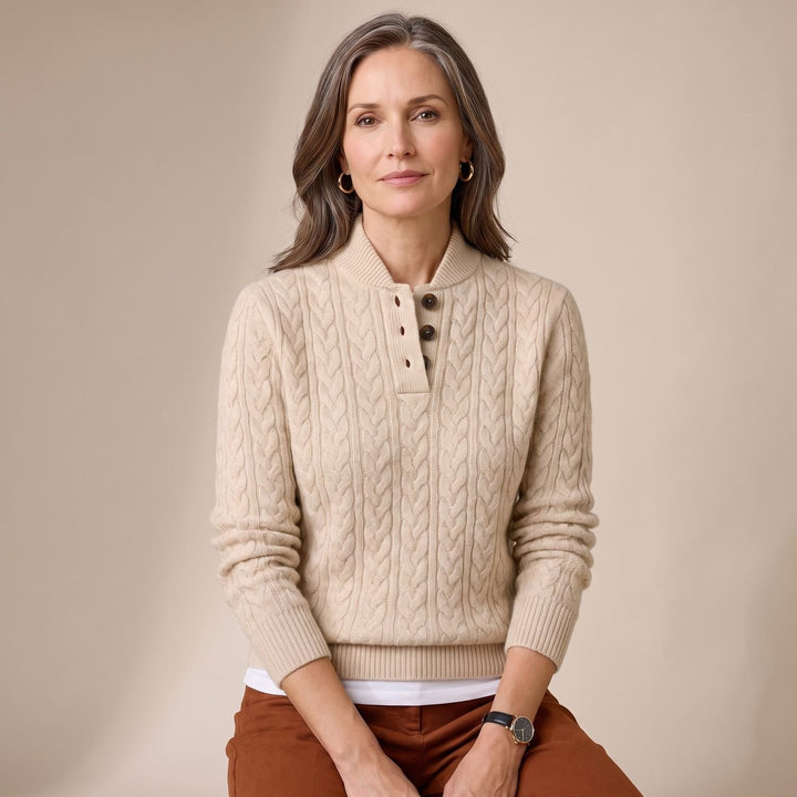 Women's Cable Knit Mock Neck Button-Placket Wool-Blend Sweater - Khaki