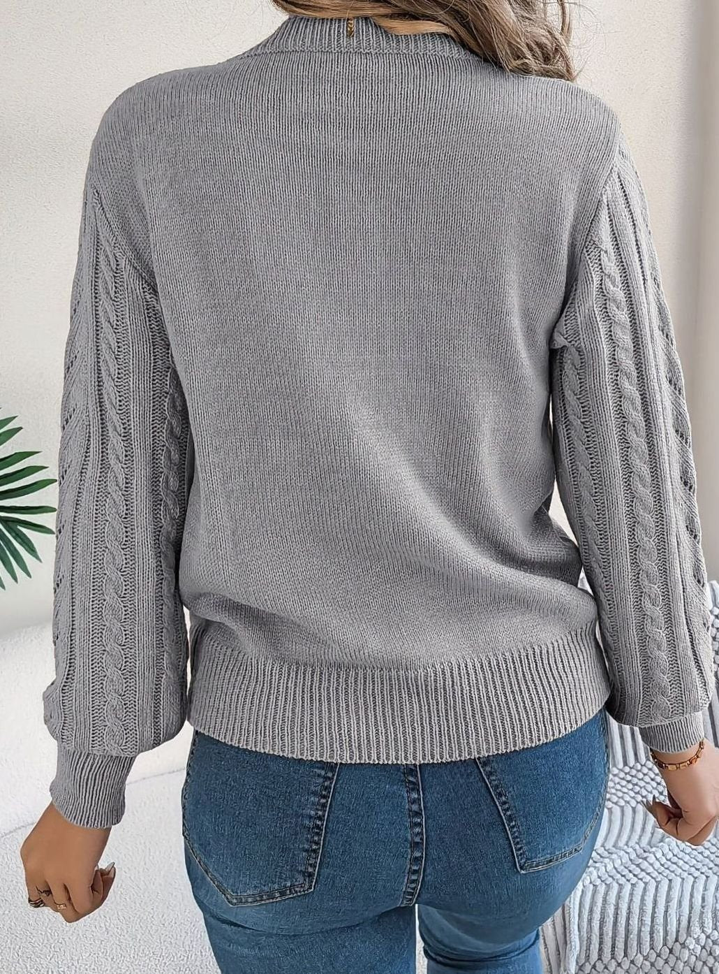 Women's Cable-Knit Openwork Relaxed Crewneck Sweater