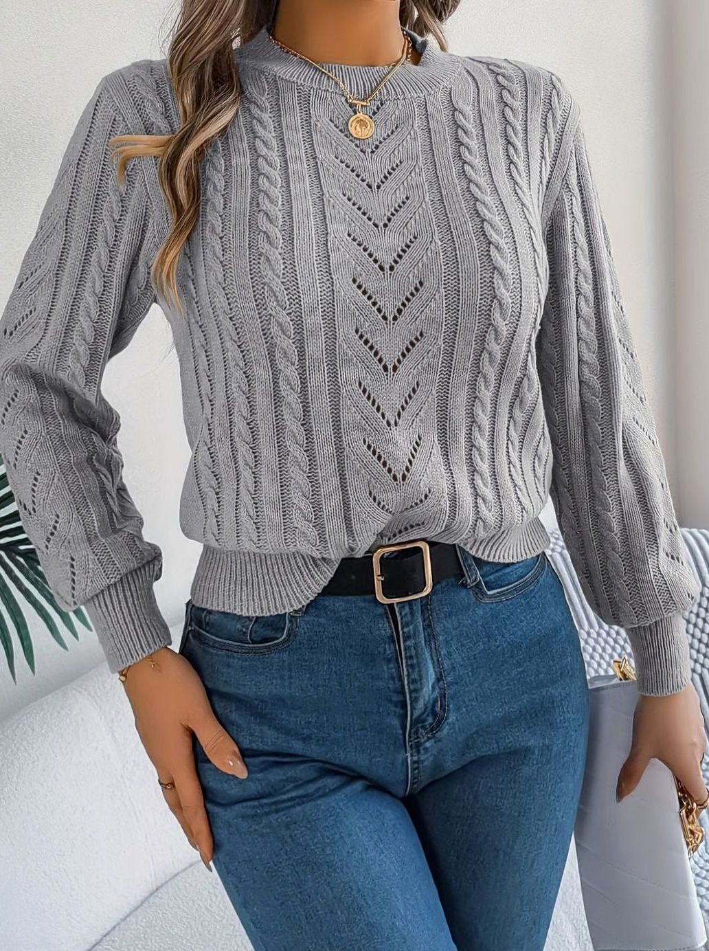 Women's Cable-Knit Openwork Relaxed Crewneck Sweater