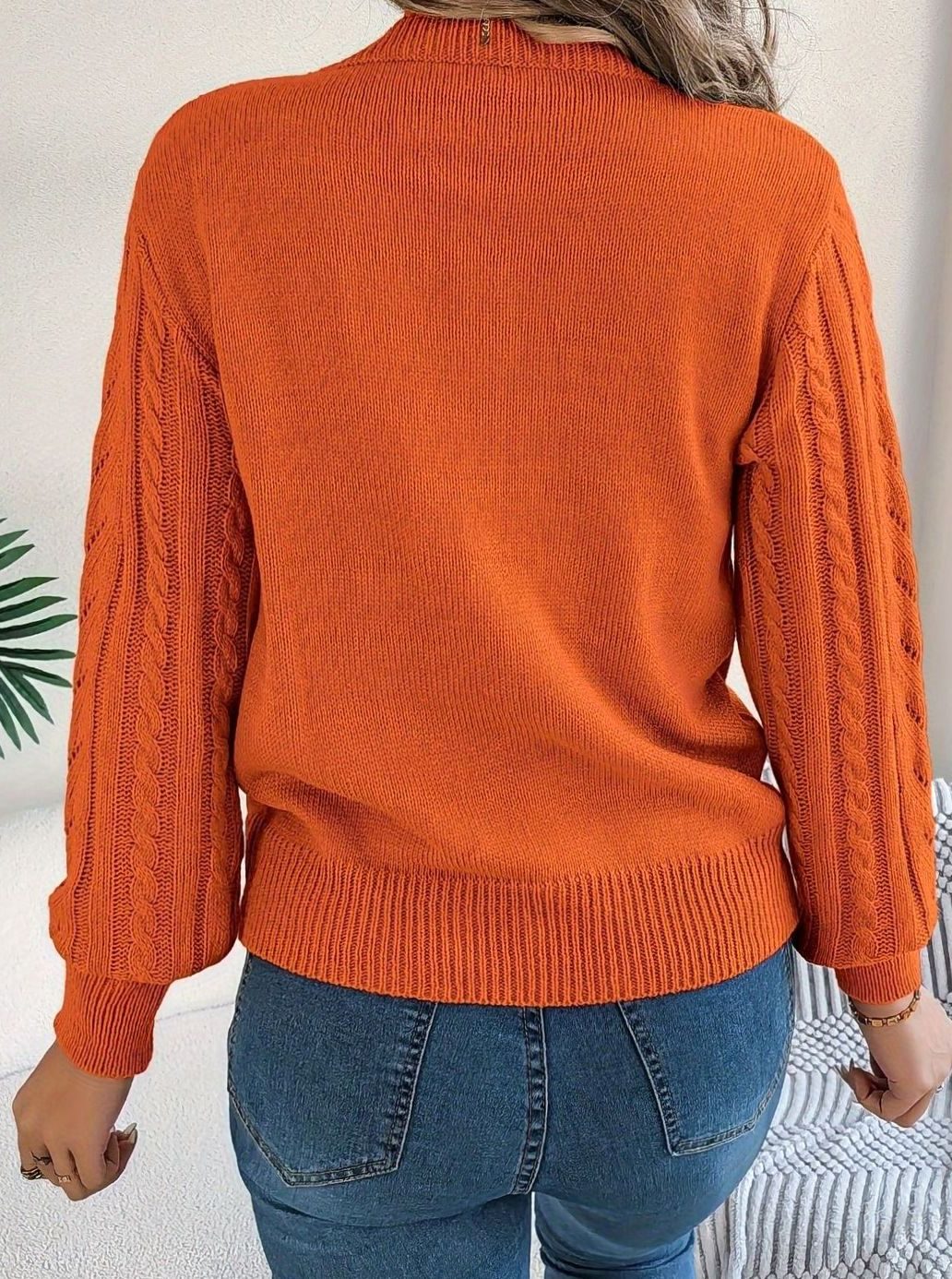 Women's Cable-Knit Openwork Relaxed Crewneck Sweater