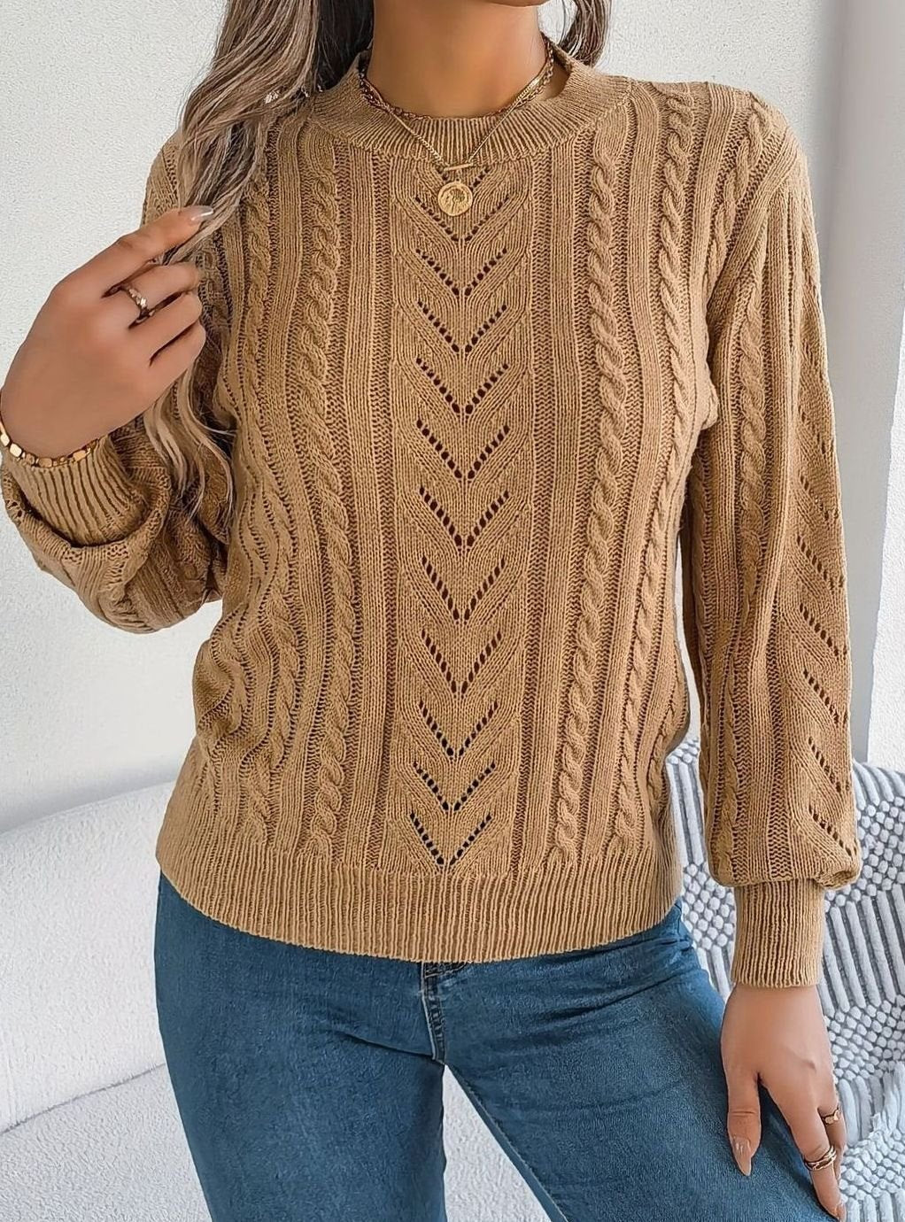 Women's Cable-Knit Openwork Relaxed Crewneck Sweater
