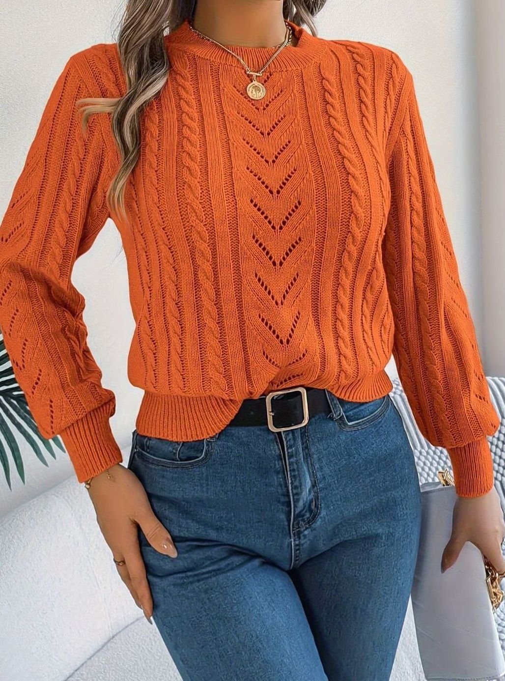 Women's Cable-Knit Openwork Relaxed Crewneck Sweater