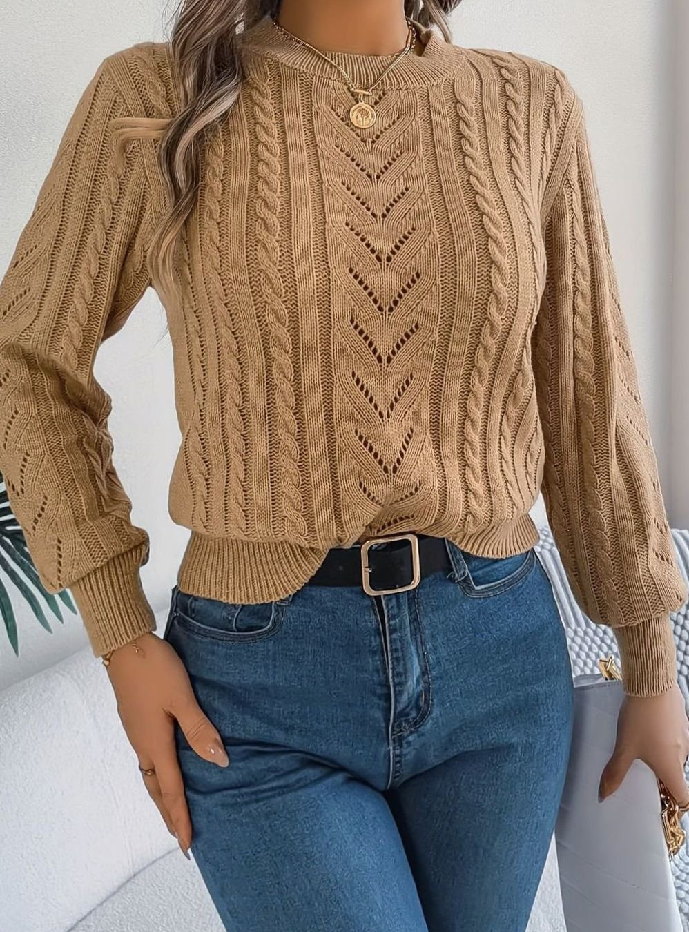 Women's Cable-Knit Openwork Relaxed Crewneck Sweater