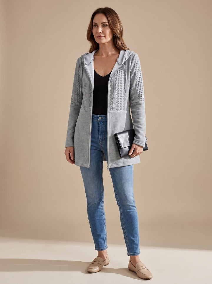 Women's Cable-Knit Panel Hooded Full-Zip Longline Coat - Gray
