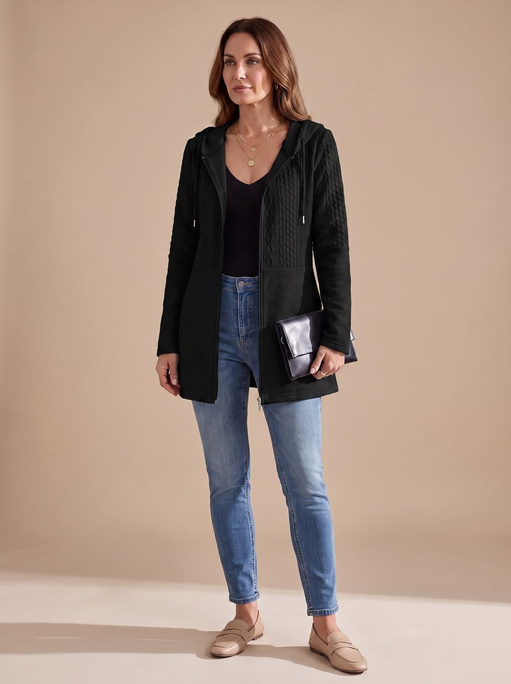 Women's Cable-Knit Panel Hooded Full-Zip Longline Coat - Black